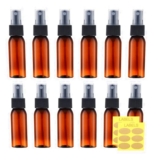 LISAPACK 1oz Amber Small Plastic Spray Bottle (12 Pack) Empty Mini Fine Mist Travel Size Atomizer, Tiny Sprayer for Little Perfume, Water, Cologne, Alcohol, Samples (Brown, 30ml)