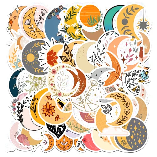 Jukome Moon Stickers |50 Pcs Moon Flower Waterproof Vinyl Decals for Water Bottles Laptop Luggage Cup Computer Mobile Phone Skateboard Guitar Helmet Snowboard Décor