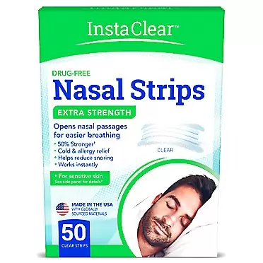 Instaclear Extra-Strength Nasal Breathing Strips Clear 50 ct | Works Instantly, Nasal Congestion Relief, Stops Snoring, Cold & Allergy