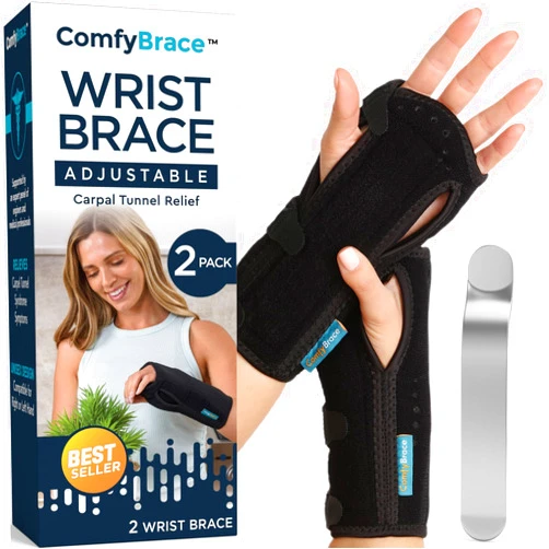 ComfyBrace Wrist Brace with Splint and Palm Cushion - Fits Both Hands - for Support, Carpal Tunnel, Tendonitis, Wrist Injury, and Pain (Pack of 2)