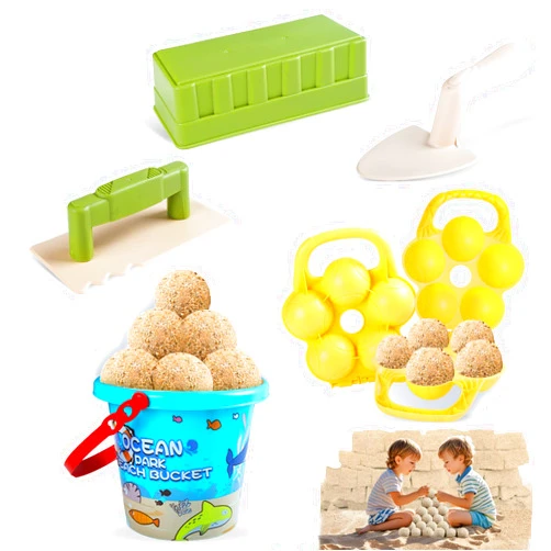 Bloomsmary Beach Toys, 6 Piece Kids Indoor Outdoor Play Set with Bucket, Sand Brick Maker, Sandball Maker, Beach Chases Travel Sand Toys for Ages 3-8, Castle Tools Backyard Fun