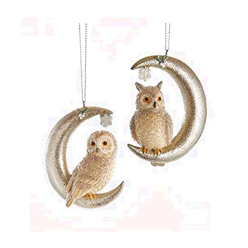 The Bridge Collection Bridge Collection Owl Perched on Moon Ornaments - Set of 2 Birds on Crescent Moons - Animal Christmas Ornaments - Lunar Owls