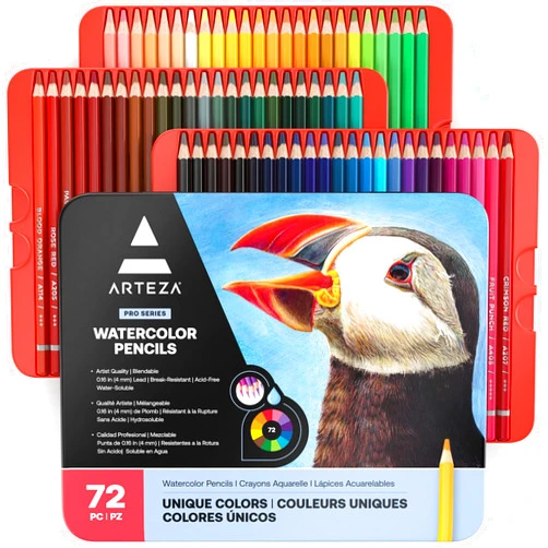 Arteza Watercolor Pencils, 72 Colored Drawing Pencils for Artists, Water Color Pencils in Tin Box, Art Supplies for Coloring, Blending and Layering