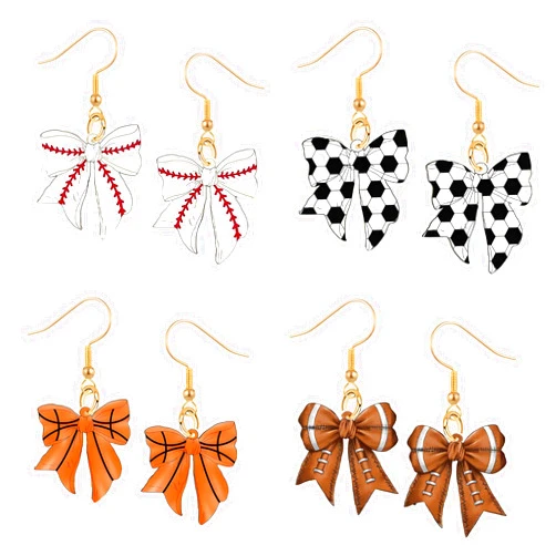 KENYG 4pcs Gold Resin Acrylic Baseball Rugby Football Basketball Dangle Earrings Set Gifts for Women and Sports Fans Game Day Earring Jewelry