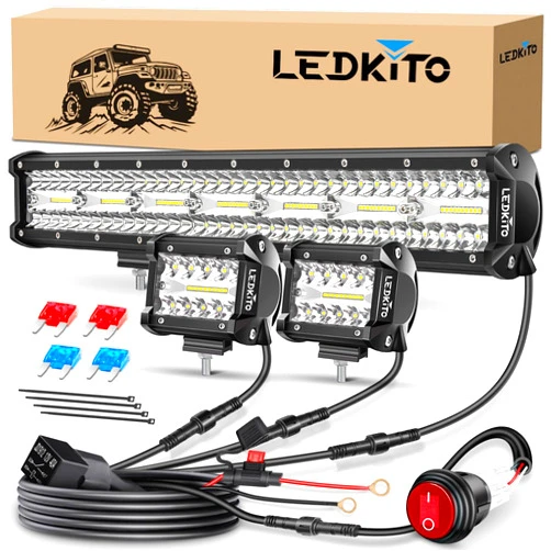 LEDKITO 20 Inch LED Light Bar and 2PCS 4 Inch LED Pod Lights with Switch 16AWG 3 Leads Wiring Harness Triple Row Spot Flood Combo Off Road Light LED Bar Light for Pickup Je-ep Truck Tractor UTV Boat