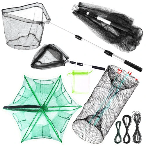 Windyun 3 Pcs Foldable Fishing Net Fishing Landing Net with Telescoping Pole Handle Collapsible Crab Trap Hexagon Fishing Bait Trap with Rope and Lure Bag for Crab Crayfish Shrimp