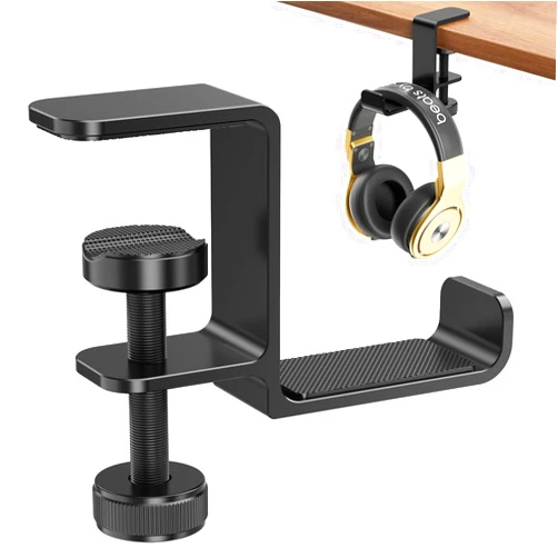Yocice Headphone Hanger Holder Stand-Under Desk Headphone Hanger， Headset Hook Holder Space-Saving Aluminum Stand with Universal Fit for Gaming PC Accessories (Black-1PCS)