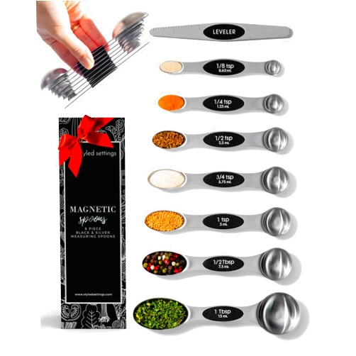 STYLED SETTINGS Magnetic Measuring Spoons Set with Leveler - 8-Piece Heavy Duty Metal, Dual Sided, Stackable, BPA Free, Stainless Steel Measuring Spoons for Dry and Liquid Ingredient - Fits in Spice Jars