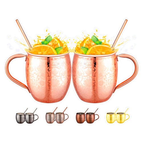 UNISWEET Moscow Mule Mugs - 18 Oz Copper-Plated Fine Craftsmanship Etched Mugs,304 Stainless Steel-Lined Mule Cups,For Cold Drinks, Beer, Wine, Bars, Parties