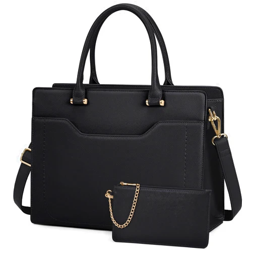 RAINSMORE Laptop Bag for Women 15.6 inch Laptop Tote Bag Waterproof Leather Work Bag Lightweight Laptop Briefcase Professional Women Business Office Bag Travel Handbag Shoulder Bag, Black