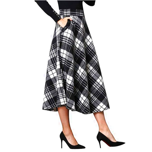 IDEALSANXUN Womens Plaid Wool Skirts Elastic Waist A-Line Pleated Tartan Long Skirts