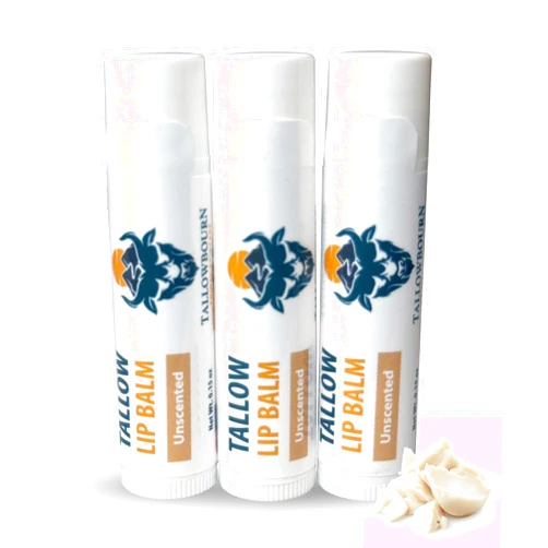 Tallowbourn Moisturizing Tallow Lip Balm – Grass-Fed Beef Tallow with Organic Coconut Oil, Beeswax, and Vitamin E – Unscented Lip Balm Set – Travel Essential - 3-Pack