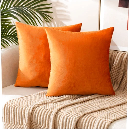 ETASOP Velvet Pillow Covers with Inserts Included 18x18, Pack of 2 Soft Solid Decorative Throw Pillows for Sofa Bedroom Car (Orange)