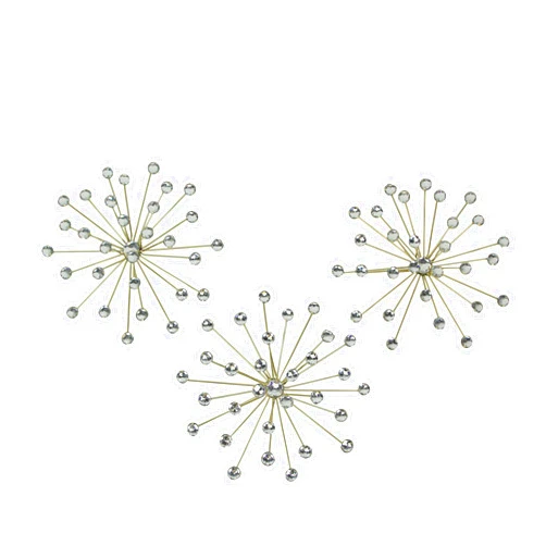 Elico Ltd. Set of 3 Gold Finish Starburst Jeweled Metal Decorative Wall Sculptures: Glamorous Rhinestone and Crystal Accents Add Elegance, Transform Your Home into a Stylish Haven