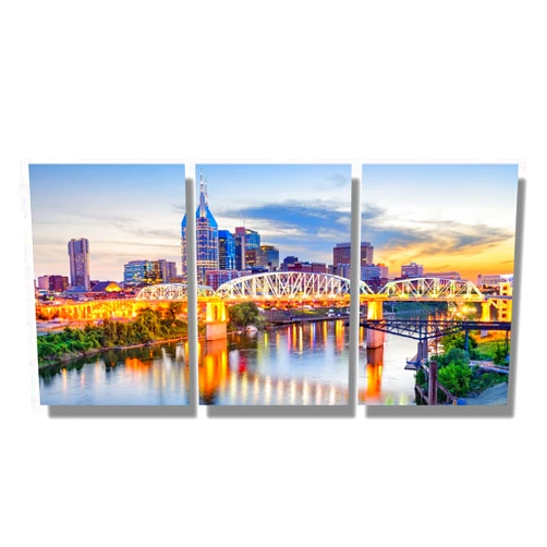 LSIUHWUWI Nashville Skyline Wall Art Nashville Tennessee Downtown Night Panorama Cityscape Home Decor the Cumberland River Wall Art for Living Room, Bedroom, Office, Framed and Ready to Hang 12X16X3 INCH