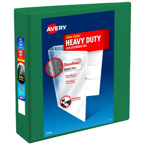 Avery Heavy-Duty View 3 Ring Binder, 2 Inch One Touch EZD Rings, 540-Sheet Capacity, 2.8 Inch Wide Spine, Customizable Clear Cover and Spine, 1 Green Binder (79683)
