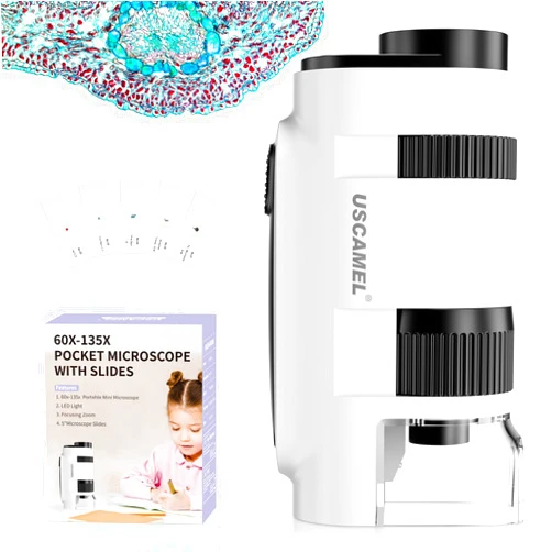 USCAMEL Pocket Microscope for Kids and Adults - 60x-135x Mini Microscope, Portable Handheld Microscope with 5 Microscope Slides, Perfect for Microbiological Observation, Preschool Learning