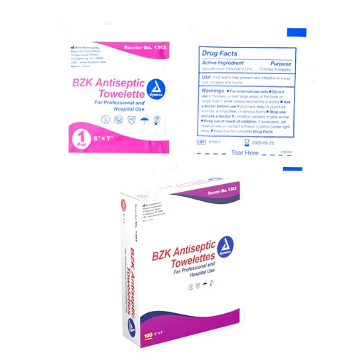 Dynarex BZK Antiseptic Towelettes, Moist Sanitizing Towelettes Designed to Prevent Infection in Minor Wounds, 5x7, Disposable & Individually Wrapped, 1 Box of 100 (Packaging May Vary)