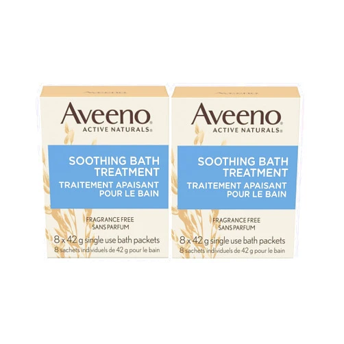 Aveeno Fragrance Free Soothing Bath Treatment, 100% Natural Colloidal Oatmeal, Sensitive Skin Bath Soak for Relief of Dry, Itchy, Irritated Skin Due to Eczema & Hives, Bath Packets, 8 ct. (Pack of 2)