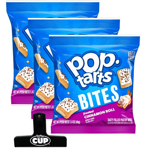 By The Cup Pop-Tarts Bites Frosted Cinnamon Roll, 1.4 oz (Pack of 3) with By The Cup Bag Clip