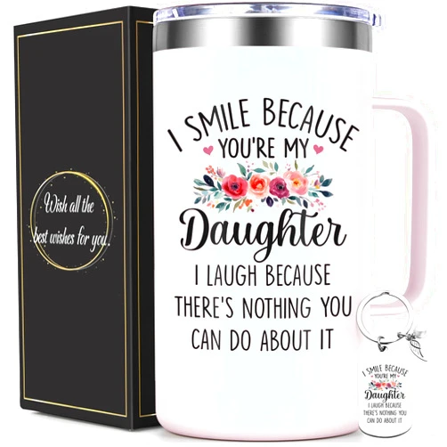 Lifecapido Daughter Gifts from Mom, I Smile Because You’re My Daughter 20oz Insulated Coffee Mug with Keychain, Birthday Christmas Gifts for Daughters, Rose Quartz