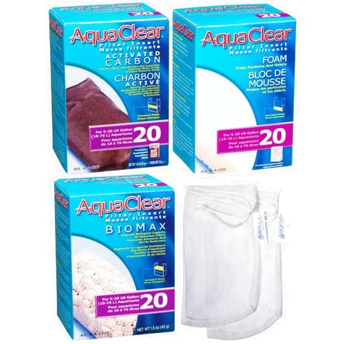 GOKUL BRANDS AquaClear 20 HOB Maintenance & Replacement Filter Media Kit, Including Gokul Brands Mesh Bags (AquaClear Activated Carbon Inserts 45g-1 Pack, BioMax Media 42g, Filter Foam Insert 1-Pack)