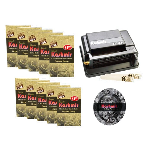Kashmir Combo of 100% Organic Pre Rolled 6 Classic Filter Tubes Cones with Mini Black Rolling Machine and Ashtray - Pack of 10