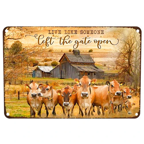 Estiyond Vintage Metal Tin Sign Live Like Someone Left The Gate Open Cow Rustic Wall Decor For Home Bedroom Bar Cafe Club 8X12Inch