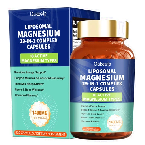 Oakevlp 29-in-1 Liposomal 18 Active Types Magnesium Complex 1400MG Capsule,L-Threonate Glycinate Malate etc,Mild & Efficient,Extra Vitamin B6 B12 D3K2 & CoQ10, Relaxation Nerve* & Hert* Support