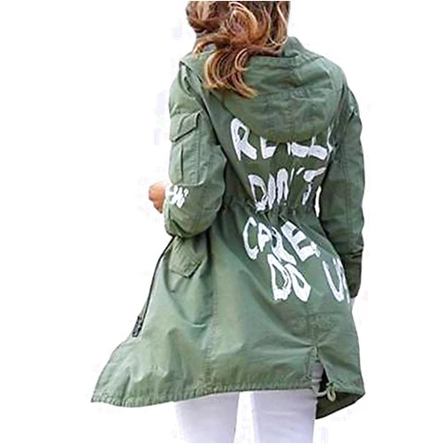 Preeminent-Jackets Women's I Really Don't Care Do U Melania Trump Cotton Coat Hooded Jacket Graffiti Slogan Army Green Mechanic Jacket