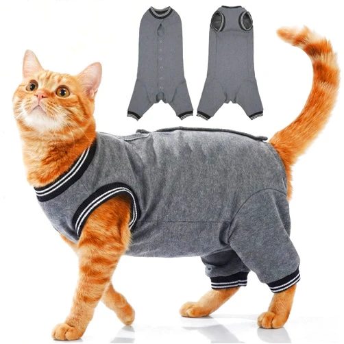 T'CHAQUE Cat Clothes Surgery Recovery Suit for Female Male, Cat Onesie Pet Surgical Pajamas Hind Legs Long Sleeve, Abdominal Wound Skin Diseases, E-Collar Alternative, Spay Recovery Suit, Gray-XL