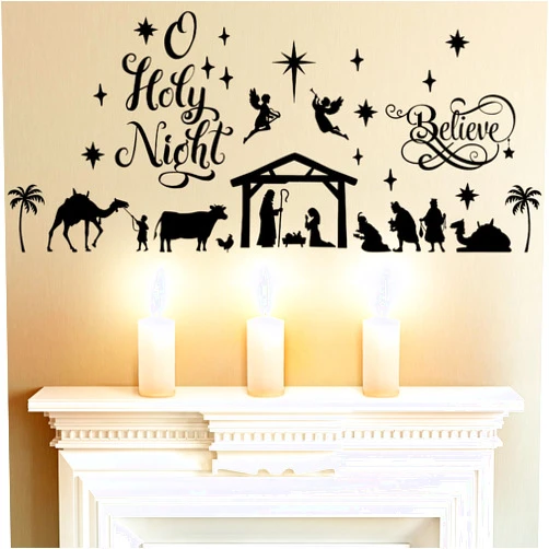 Chinco Large Christmas Nativity Scene Wall Decor Stickers Nativity Vinyl Wall Decal Christmas Decorations Religious Wall Murals Modern for Xmas Room Decor, Black (O Holy Night)