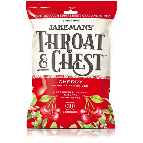 Jakemans Cherry Throat & Chest Lozenges Cough Drops – Cough, Sore Throat and Seasonal Distress Soothing Relief – Liquid Drop Shape – 30 Lozenges