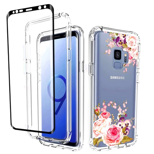Bohefo Case for Galaxy S9, Samsung S9 SM-G960U Case with Tempered Glass Screen Protector, Full Body Cute Floral Bumper Shockproof Protective Phone Case Cover for Samsung Galaxy S9 (Rose Flower)