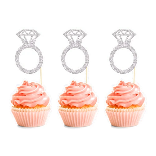 Ephlyn 24Pcs Silver Glitter Diamond Donut Ring Cupcake Topper Picks Wedding Engagement Cake Decorations for Engagement Bridal Shower Party Cake Decorations
