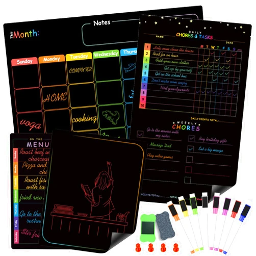 Payten Magnetic Dry Erase Calendar for Fridge, 4 PCS Magnetic Calendar - Monthly Refrigerator Calendar, Weekly Chore Chart, Menu Board, Blank Board, Fridge Blackboard Planner with Markers and Eraser