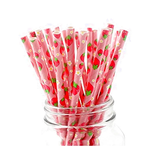 NOVIPEROW 100 Pcs Disposable Straws, Biodegradable Paper Straws for Juices, Shakes, Smoothies, Party Supplies (Strawberry)