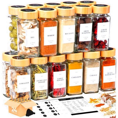 FINESSY Glass Spice Jars with Labels and Bamboo Lids 24 Pack, Empty Bamboo Spice Jars Seasoning Containers with Labels, 4 oz Glass Seasoning Organizer Jars Bottles Spice Containers with Labels Set