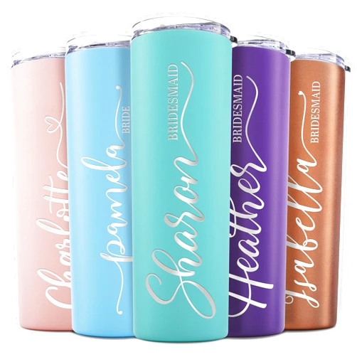 Lily's Atelier Bridesmaid Gifts Set of 5, Personalized Bridesmaid Tumbler W/Name and Title - 8 Vivid Colors, 5 Designs - 20 Oz Engraved Skinny Tumbler W/Straw Set