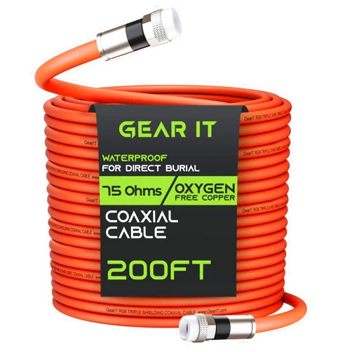 GearIT Coaxial Cable for Direct Burial (200ft) RG6 70 Ohm RF Rubber Boot Waterproof Underground in-Wall with Rubber Boot, High-Speed Internet, Broadband, Digital TV Aerial, Satellite Cable 200 Feet