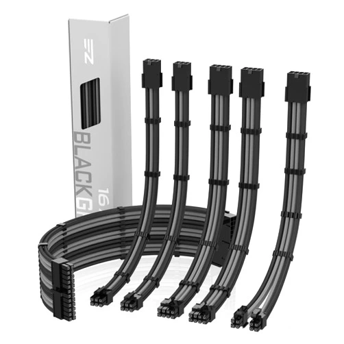 EZDIY-FAB PSU Cable Extension Kit - Sleeved 16 AWG Custom Power Supply Extension 24/8/6/4+4-PIN with Combs - Black/Grey