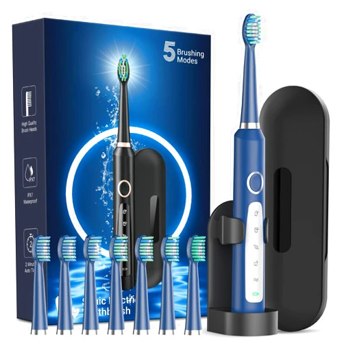 Rtauys Sonic Electric Toothbrush for Adults Rechargeable Electric Toothbrushes with 7 Brush Heads & Travel Case, Power Electric Toothbrush for Adults with Holder, Once Charge for 120 Days - Blue