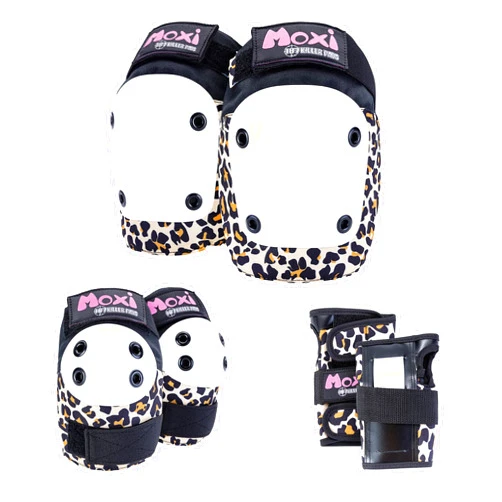 187 Killer Pads Six Pack Pad Set - Skateboarding Knee Pads, Elbow Pads and Wrist Guards Moxi Leopard, Small/Medium
