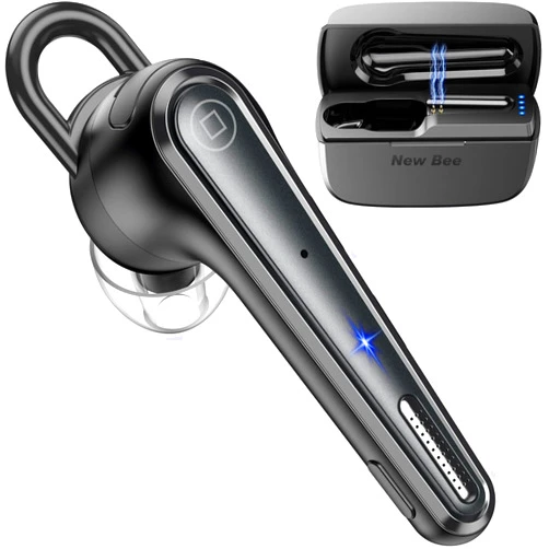 New Bee Bluetooth Earpiece Wireless Bluetooth Headset for Cellphone with 500mah Charging Case LED Battery Display, V5.1 Dual Mic Noise Cancelling Single Ear Hand-Free Headset for Office Call