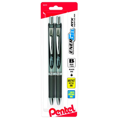 Pentel Energel RTX Retractable Liquid Gel Pen, Bold Line, Metal Tip, Black Ink Pack of 2 (BL80BP2A)