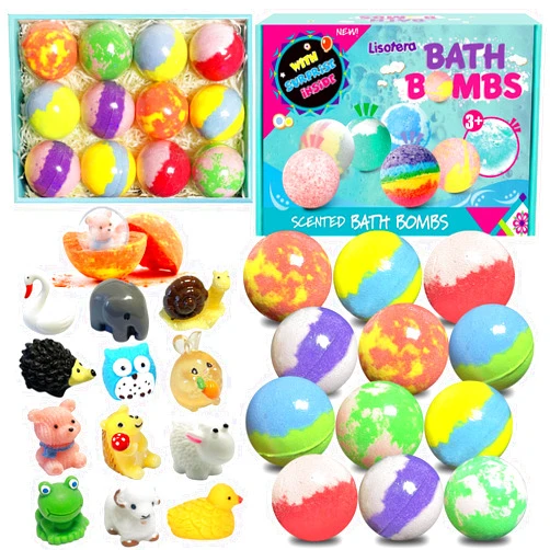 Lisotera Bath Bombs for Kids, 12pcs Bath Bombs with Surprise Toys Inside, Natural and Organic Colorful Bubble Bath Fizz Bomb for Kids, Gift Set for Birthday, Halloween, Christmas for Boys and Girls