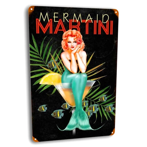 BAYABU Home Room Wall Decor Metal Sign Tin Signs Mermaid Martini Vintage Retro Vintage Plaque for Club Coffee BBQ Garage 8 x 12 inches