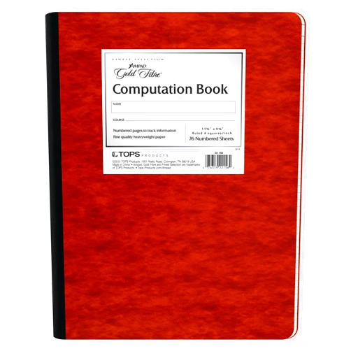 Ampad Gold Fibre Computation Book, Red Cover, Ivory Paper, Letter Size, 4 Square Inch Rule, 76 Sheets, 1 Each (22-156)