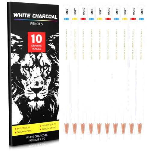 Prudiut White Charcoal Pencils Set, Professional 10 Pieces White Chalk Pencils Sketch Pencils White Pencils for Drawing, Sketching, Shading, Blending, Ideal for Beginners & Artists