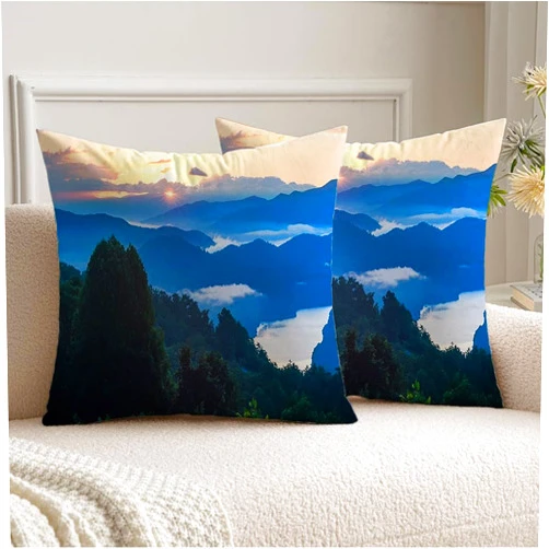 Meldeelm Pack of 2 Velvet Square Pillow Covers 16 x 16 River Sunrise Fontana Over Zen Great Smoky Mountains National Nature Parks Foliage Lake Outdoor Farmhouse Boho Pillow Covers for Sofa Couch Home Décor